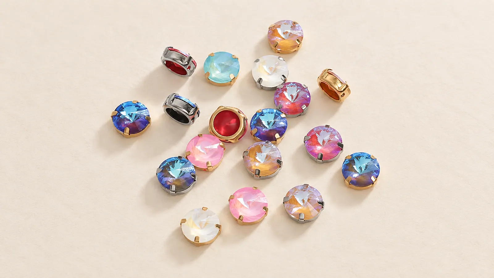 Clawed Rhinestones. Round faceted stones in mixed colors with visible claw settings. Source-based AI-edited visualization.